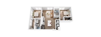 A top-down view of a small apartment layout with a kitchen, living room, and bathroom.