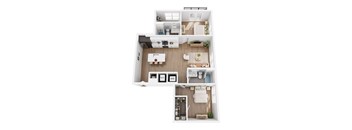 A top-down view of a small apartment with a kitchen, living room, and bathroom.