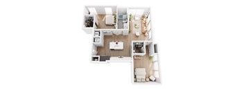 A top-down view of a well-organized kitchen and living room.