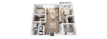 A top-down view of a small, neatly organized apartment with a kitchen, living room, and bathroom.