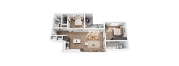A top-down view of a modern apartment layout.