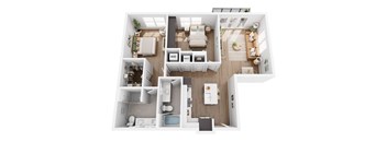 A top-down view of a small apartment with a kitchen, living room, and bathroom.