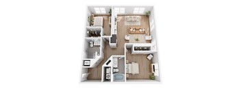 A top-down view of a small apartment with a kitchen, living room, and bathroom.