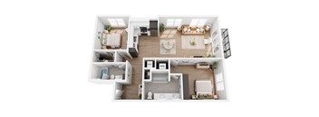 A top-down view of a modern apartment layout with labeled rooms.