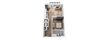 A top-down view of a small apartment with a kitchen, living room, and bathroom.