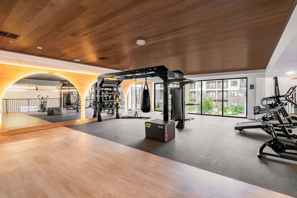 A gym with a variety of equipment including a treadmill, a stationary bike, and a rowing machine.