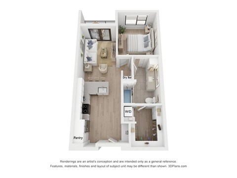 A 3D floor plan of a small apartment with a kitchen, living room, bedroom, and bathroom.