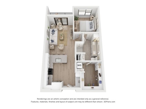 A 3D floor plan of a small apartment with a kitchen, living room, and bathroom.