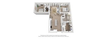 A 3D floor plan of a house with a kitchen, living room, and bathroom.