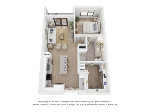 A 3D floor plan of a small apartment with a kitchen, living room, and bathroom.