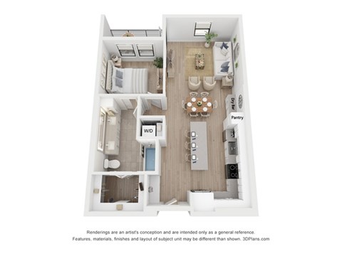 A 3D floor plan of a small apartment with a kitchen, living room, and bathroom.