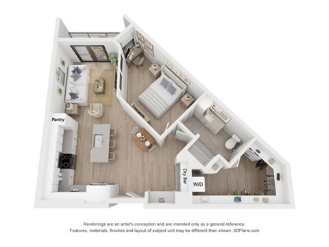 A 3D floor plan of a house with a pantry, a living room, a dining room, a kitchen, and a bedroom.