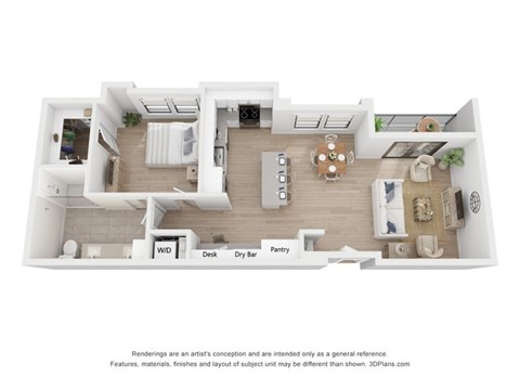 A 3D floor plan of a house with a kitchen, living room, dining room, and bathrooms.