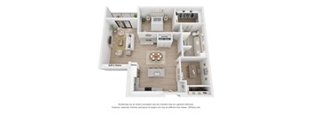A 3D floor plan of a house showing a living room, kitchen, and laundry area.