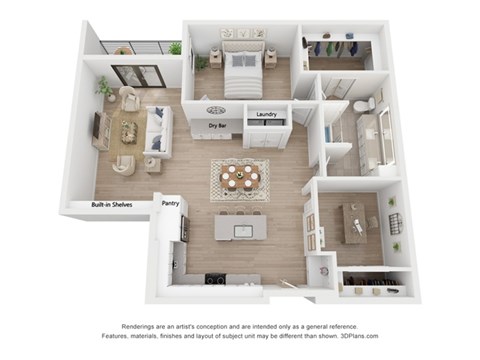 A 3D floor plan of a house showing a living room, kitchen, and laundry area.