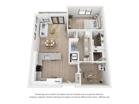A 3D floor plan of a small apartment with a kitchen, living room, and bathroom.