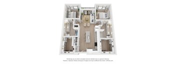 A 3D floor plan of a house with a kitchen, living room, dining room, and pantry.