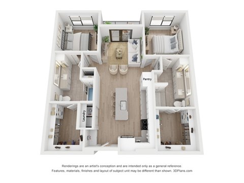 A 3D floor plan of a house with a kitchen, living room, dining room, and pantry.