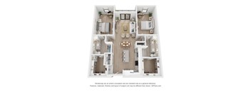 A 3D floor plan of a house with a kitchen, living room, dining room, and bedrooms.
