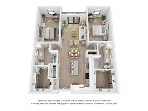 A 3D floor plan of a house with a kitchen, living room, dining room, and bedrooms.