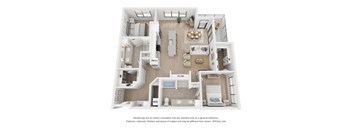 A 3D floor plan of a house with a kitchen, living room, dining room, and bathroom.