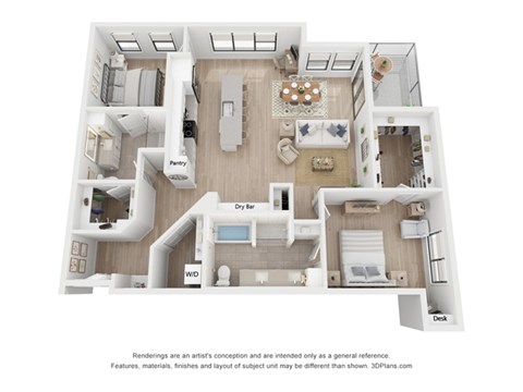 A 3D floor plan of a small apartment with a kitchen, living room, and bathroom.