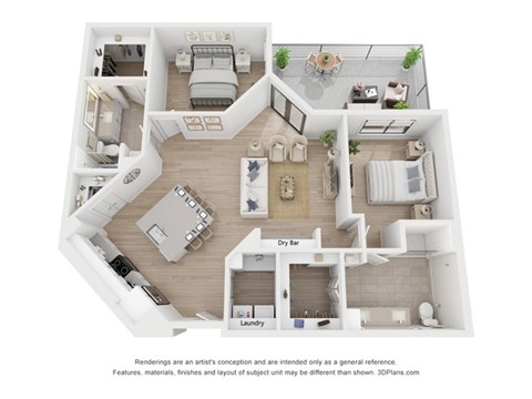 A 3D floor plan of a house with labeled rooms.