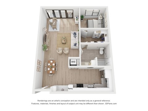 A 3D floor plan of a small apartment with a kitchen, living room, and bathroom.