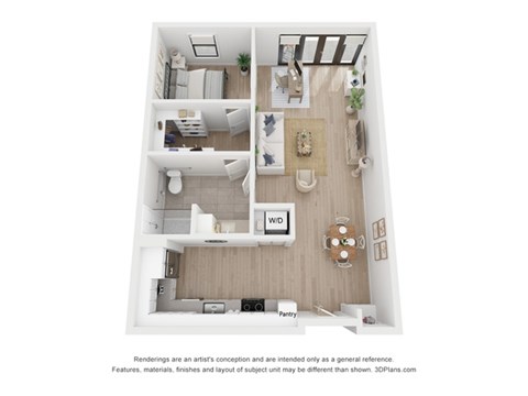 A floor plan of a house with a kitchen, living room, dining room, and pantry.