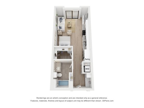 A 3D floor plan of a small apartment with a kitchen, living room, and bathroom.
