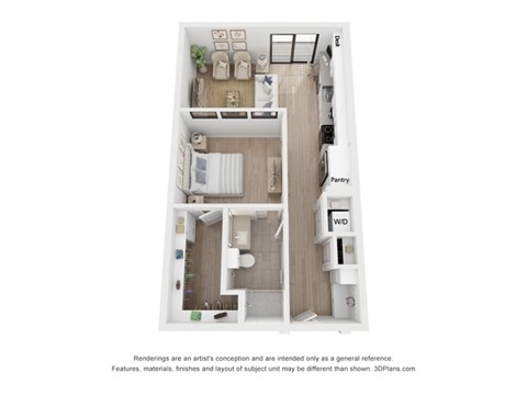 A 3D floor plan of a small apartment with a kitchen, living room, and bathroom.