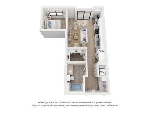A floor plan of a house with a kitchen, living room, dining room, and pantry.