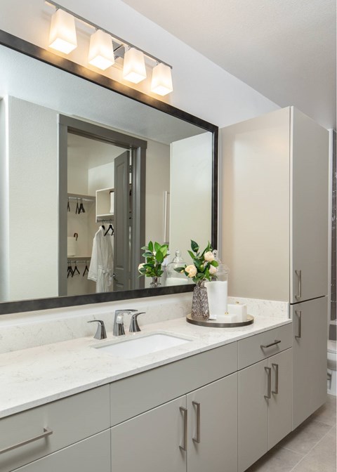 A bathroom with a sink, mirror, and lights above it.