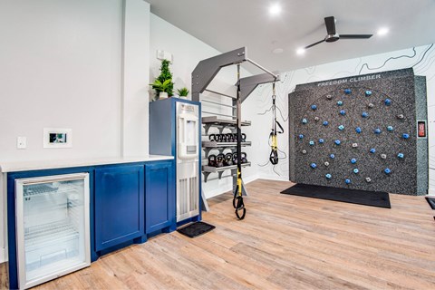 A room with a climbing wall and a refrigerator.