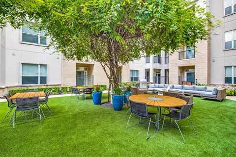 A large tree in a courtyard surrounded by chairs and tables.