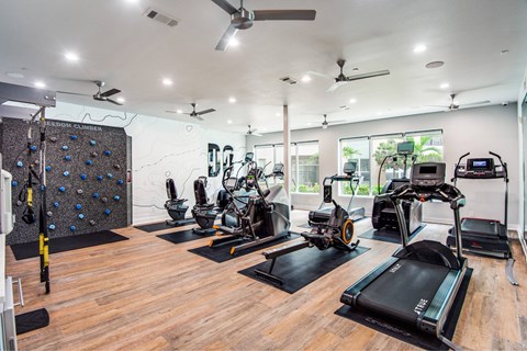 A gym with a variety of equipment including treadmills, weights, and exercise machines.