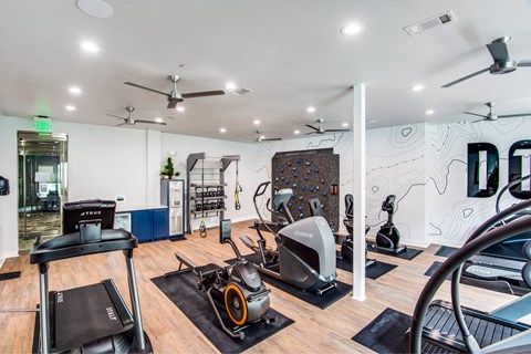 A gym with a variety of equipment including treadmills, stationary bikes, and weights.