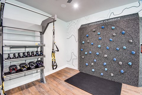 A climbing wall with the words "Freedom Climber" written on it.