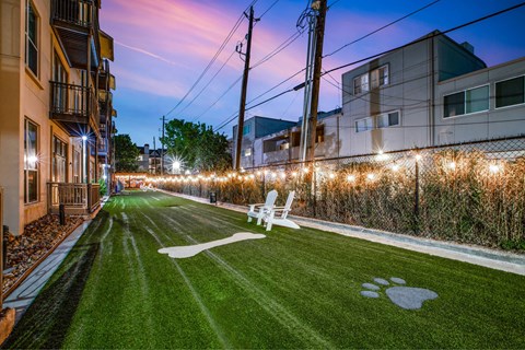 A dog paw print is painted on a lawn in front of a building.