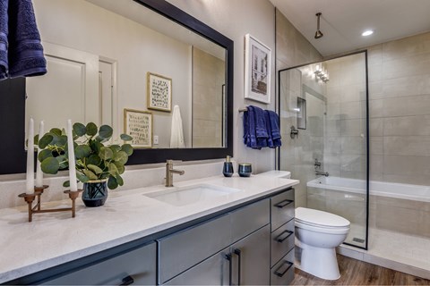 A bathroom with a white toilet, a sink, and a shower.