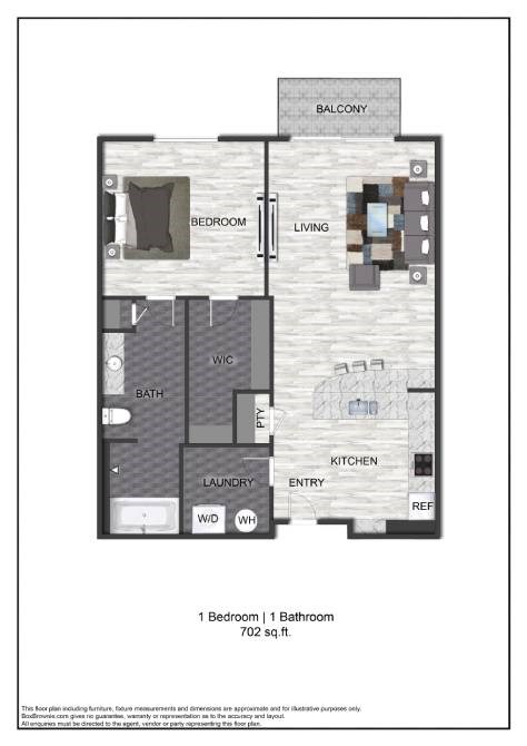 A floor plan of a one bedroom apartment with a bathroom and laundry area.