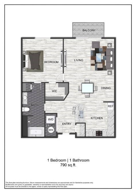 A floor plan of a one bedroom, one bathroom apartment.