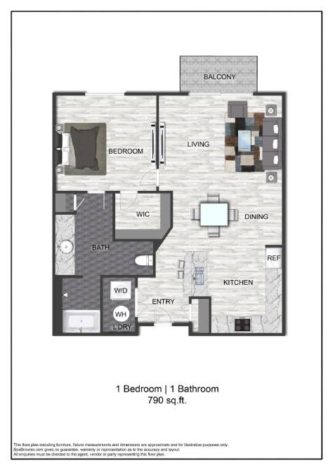 A floor plan of a one bedroom, one bathroom apartment.