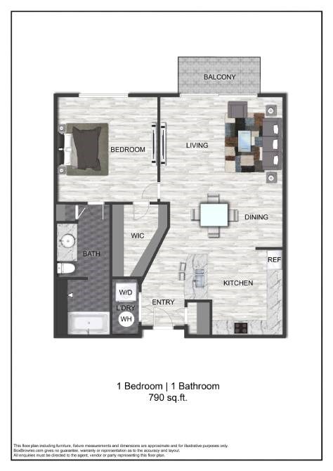 A floor plan of a small apartment with a bedroom, bathroom, kitchen, and living room.