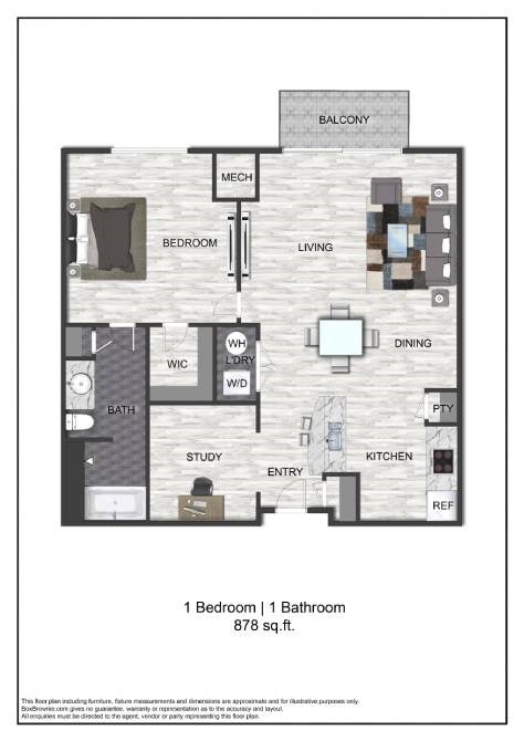 A floor plan of a small apartment with a bedroom, bathroom, living room, dining room, kitchen, study, and balcony.