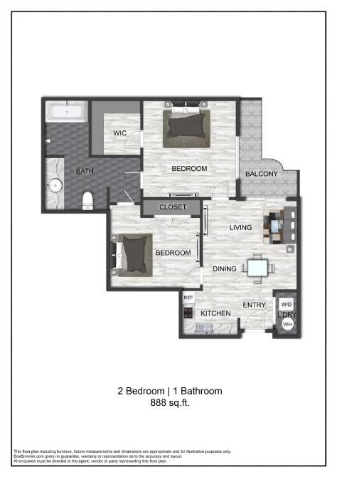 A floor plan of a 2 bedroom 1 bathroom apartment.
