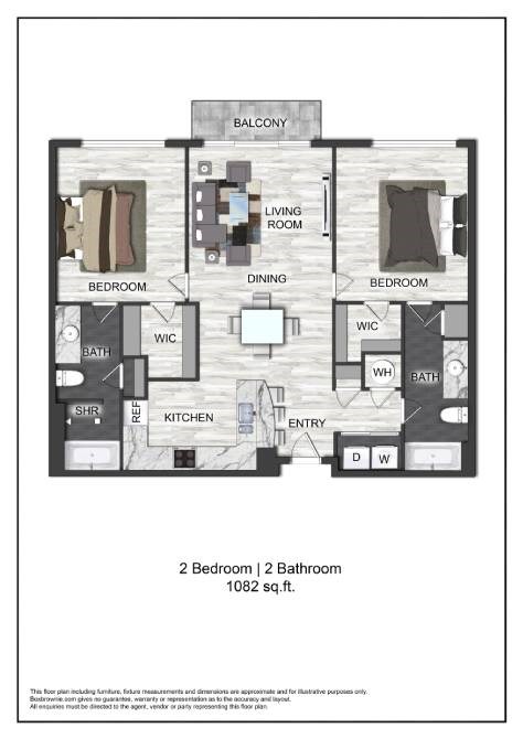 A floor plan of a 2 bedroom 2 bathroom apartment.