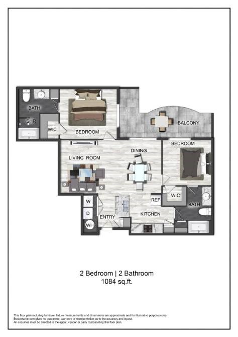 A floor plan of a 2 bedroom 2 bathroom apartment sized at 1084 sq.ft.