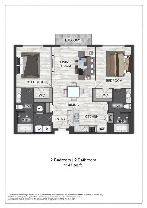 A floor plan of a 2 bedroom 2 bathroom apartment.