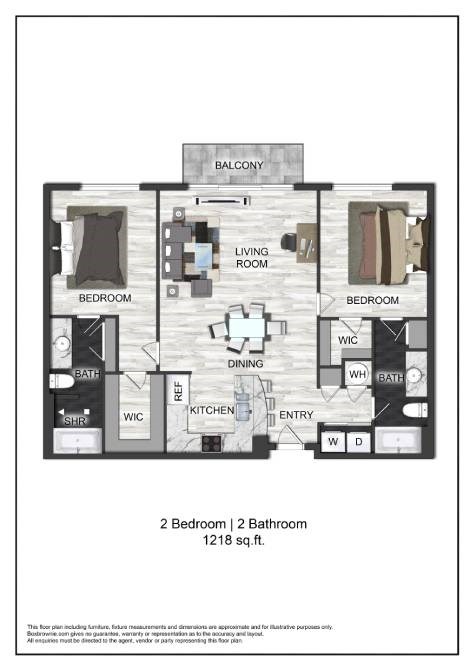 A floor plan of a two bedroom, two bathroom apartment.